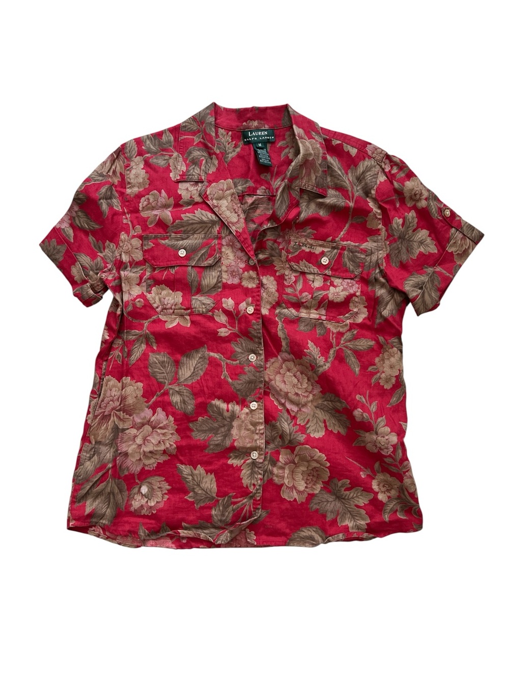 Lauren Ralph Lauren Red and Tan Floral Button-Front Short Sleeve Shirt SZ M